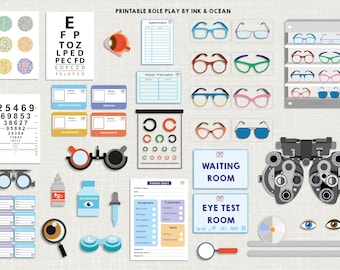 Fingir juego de parachoques óptico imprimible, oftalmólogo, optometrista, juego de rol de actividad establecido para la clase, la escuela o la escuela en casa.