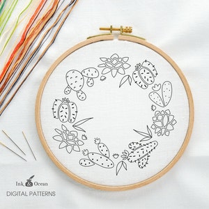 Cactus succulent wreath, sampler Digital hand embroidery pattern , PDF instant Download
