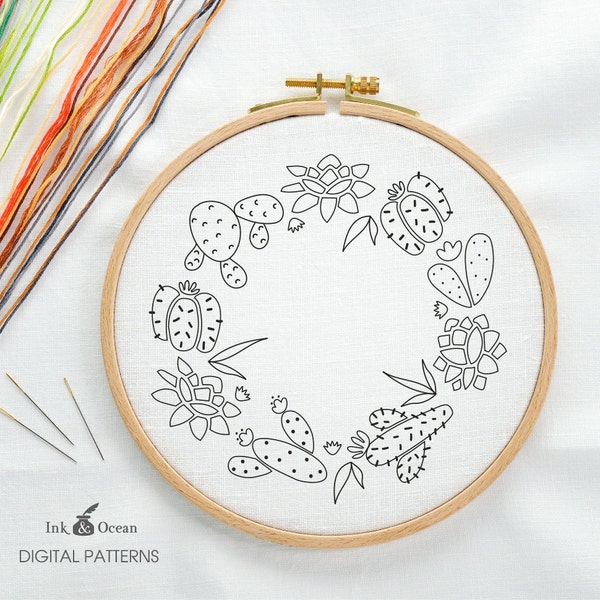 Cactus succulent wreath, sampler Digital hand embroidery pattern , PDF instant Download