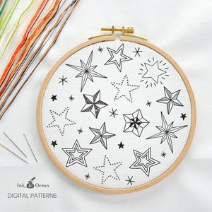 Star night sky, sampler Digital hand embroidery pattern , PDF instant Download