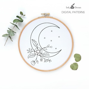 Moon flower bouquet, sampler Digital hand embroidery pattern , PDF instant Download