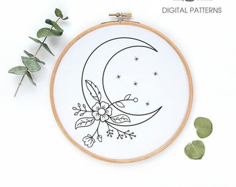 Moon flower bouquet, sampler Digital hand embroidery pattern , PDF instant Download