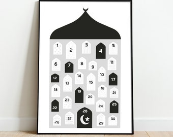 Ramadan countdown calender, islamic  monochrome Downloadable Art Print. Art gift