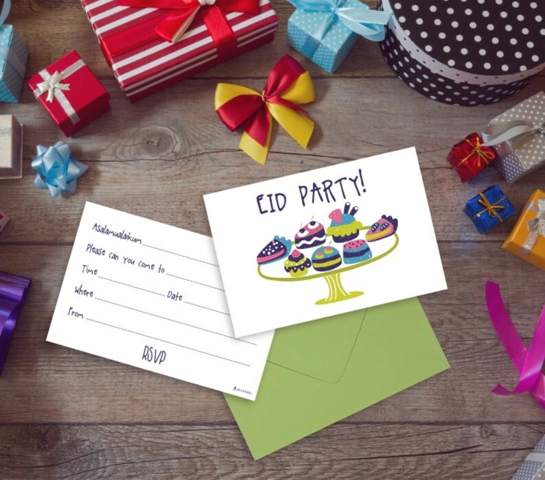 May include: A white card with the text "EID PARTY!" and a colorful illustration of cupcakes on a cake stand. The card is on a wooden table with a green envelope and various wrapped gifts.