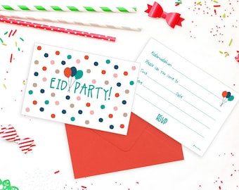 May include: Eid party invitations with colorful polka dots and balloons. The invitation cards have the text "EID PARTY!" and RSVP details. Includes a red envelope and decorative straws.