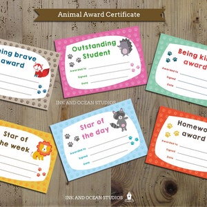 May include: Six colorful printable award certificates with animal illustrations. Each certificate has a title, such as "Being Brave Award" or "Star of the Week", and space for the recipient's name, signature, and date.