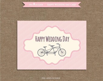 Printable CUTE style "Happy wedding day" tandem bicycle card Instant Download, printable