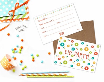 May include: A white card with colorful polka dots and stars, with the text "EID PARTY!" in red. A second white card with the text "Asalamualaikum" and "Please can you come to" with lines for filling in the details of the party.