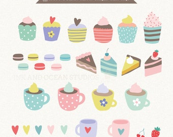 Digital clip art, cute vintage tea and cake, macaroons,  invitations, card making, scrapbooking , Instant Download