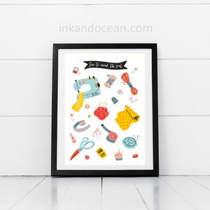 May include: A white background with a black frame around a colorful illustration of sewing supplies. The text "Sew to mend the soul" is at the top of the image.
