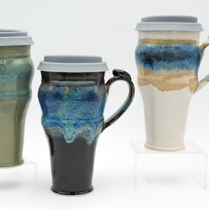 Handmade Pottery Travel Mug: 20 Ounce Ceramic Coffee Mug Lidded and Thumb Buttoned Handle