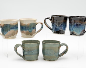 Pair of Pottery Mini Mugs: Handmade Wheel Thrown Stoneware Glazed Colorfully, Price for 2