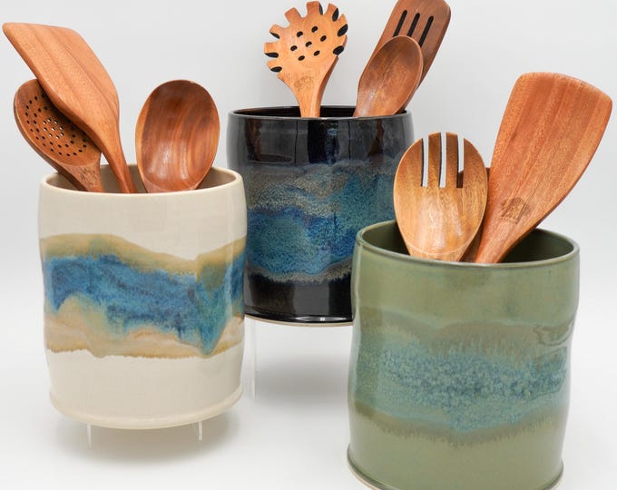 Pottery Utensil Holder: Handmade Wheel Thrown Ceramic Crock Glazed in Colorful Modern Style