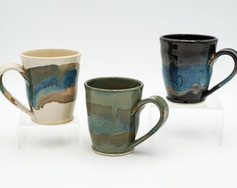 Small Pottery Mug: 8 oz Stoneware Coffee Cup with Pulled Handle and Colorful Glazing