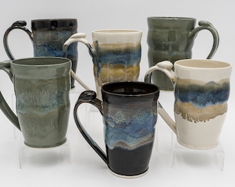 Pair of Handmade Pottery Mugs: Thrown Stoneware 16 oz Coffee Cups Set of 2