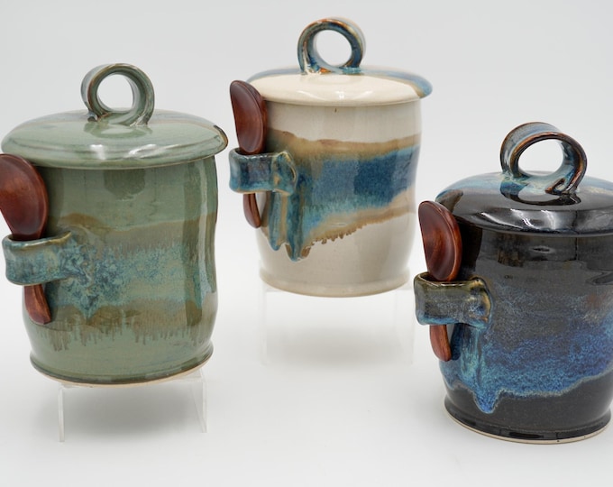 Stoneware Coffee Canister Wheel Thrown with Lid and Glazed Colorfully - Spoon Included