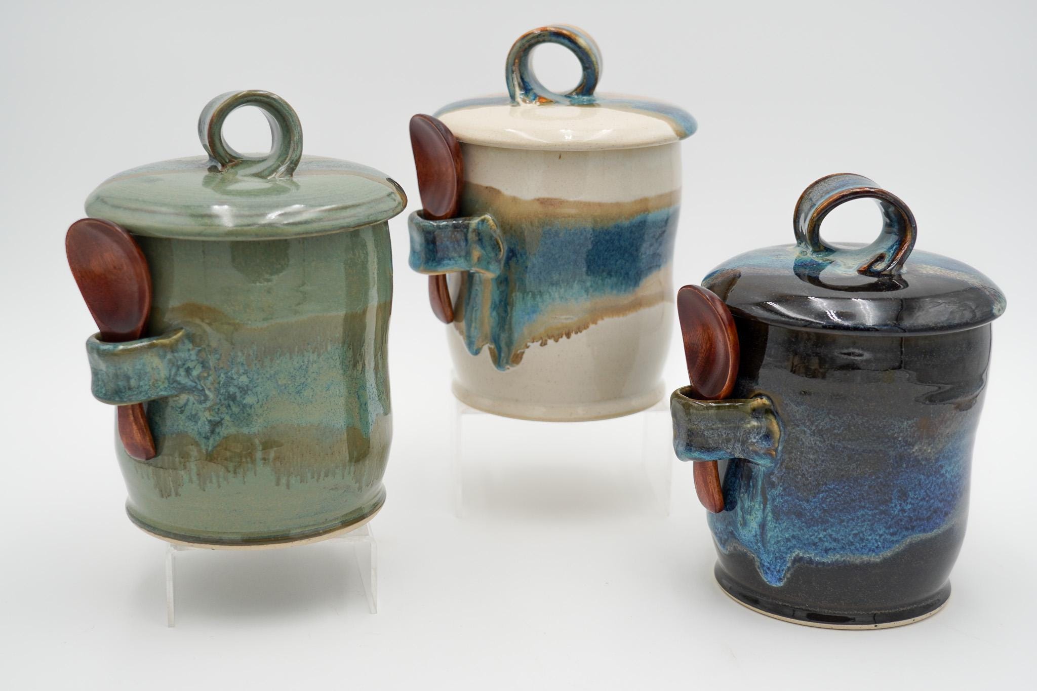 Stoneware Coffee Canister Wheel Thrown with Lid and Glazed Colorfully -…