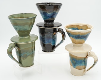 Ceramic Coffee Set: 16 oz Mug and an 02 Filter Pour Over, Matching Colorful Glazes