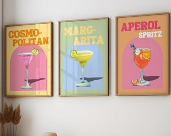 Retro Cocktail Print Set of 3, Colorful Cocktail Printable Wall Art, Trendy Drinks Poster, Girly college art, Gallery Wall Bar Cart Decor