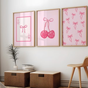 Juego de 3 arte de pared con lazos rosas de moda, póster preppy, decoración de apartamento universitario, impresión de lazos de acuarela, decoración de habitación coqueta, arte de pared femenino, uni
