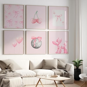 Set of 6 prints, digital print, room decor wall art, girly preppy wall art, disco, coquette dorm art light pink bows aesthetic, gallery wall