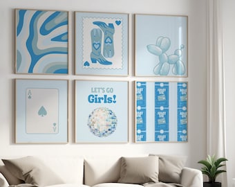 blue wall art cowgirl poster preppy dorm room decor aesthetic gallery art set of 6 wall art print trendy funky dopamine decor disco girly