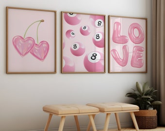 Trendy Pink Wall Art Set of 3, love poster, College Decor, 8 ball, cherry Print, modern room decor, Girly Wall Art, uni decor, preppy decor