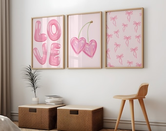 Trendy Pink Bows Love Wall Art Set of 3, Preppy poster, College Apartment Decor, Cherry Bows Print, coquette room decor, Girly Wall Art, uni