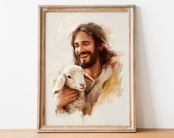 May include: A painting of a man with long brown hair and a beard, smiling and holding a white lamb in his arms. The painting is done in a watercolor style and has a soft, warm feel.
