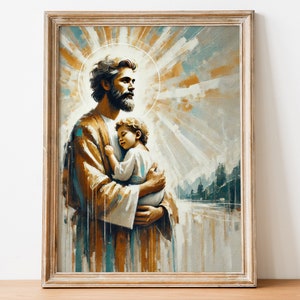 Sint-Jozef en kind Jezus: een moment van goddelijke liefde, Heilige Familie, Sint-Jozef en Jezus, portret van Jezus, christelijke kunst, digitale download 17