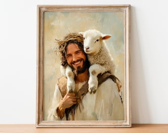 May include: A painting of a man with a crown of thorns and a lamb on his shoulders. The man is smiling and the lamb is looking at the viewer. The painting is done in a realistic style with soft colors.