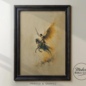 May include: Framed artwork depicting a figure on horseback with a sword, wings, and a halo, set against a sepia-toned background. The image is in a black frame. The text "Modern Bible Gift" is in a circle on the bottom right. The words "PRINTED & SHIPPED" are at the bottom.