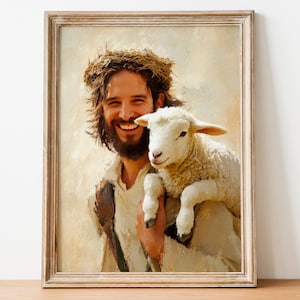 A Little Family, Digital Christian Art, Jesus Rescues Lamb, LDS Painting, Bible Prints, Jesus and Lambs, Digital Download 81