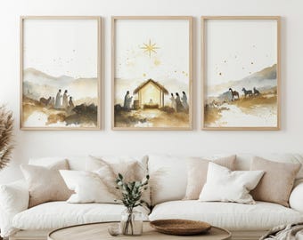 May include: A set of three watercolor paintings depicting the Nativity scene. The first painting shows three figures walking towards a stable. The second painting shows the stable with a star above it. The third painting shows two figures riding horses.