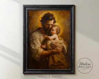St Joseph and Child Jesus Art - Golden Protector Wall Art - Christian Fatherhood Gift - Sacred Heart Oil Painting - Catholic Home Decor 227