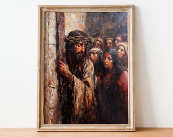 Puede incluir: Una pintura que representa a un hombre con una corona de espinas, de pie junto a una cruz de madera. Está rodeado de una multitud de personas, algunas de las cuales lo miran con preocupación.
