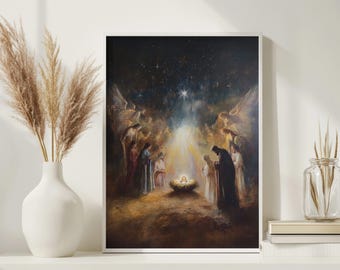 Pintura de acuarela del pesebre: Bendiciones de la Noche de Paz (Descarga digital)