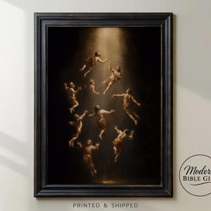 May include: A framed artwork with a classical painting of figures rising towards a light. The figures are in warm tones against a dark backdrop. The black frame surrounds the image. The text "Modern Bible Gift" is visible.