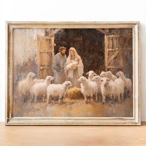Um presépio de paz, presépio minimalista, arte de parede de Jesus, arte de pintura cristã, download digital 187