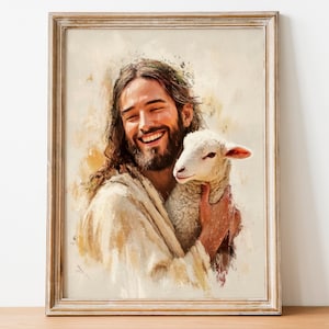 Un pastor amoroso, arte cristiano moderno, pintura cristiana, Jesús y el cordero, arte de Leave the 99, pintura mormona, impresiones de la Biblia, Jesús Descargar 83