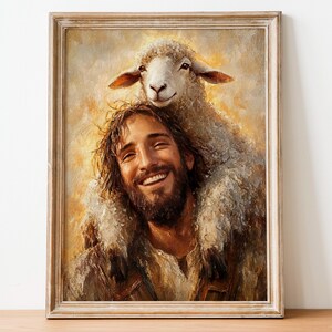 Lámina artística La alegría del buen pastor: Jesús con el cordero, arte cristiano para la pared, pintura religiosa para la decoración del hogar, descarga digital 217
