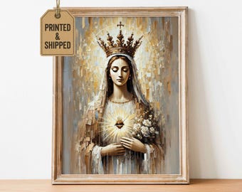 May include: Framed art print of a woman wearing a crown and veil, holding a bouquet of white roses. The artwork features a radiant heart and a halo, with a color palette of gold, white, and beige. The text "PRINTED & SHIPPED" is on a tag.
