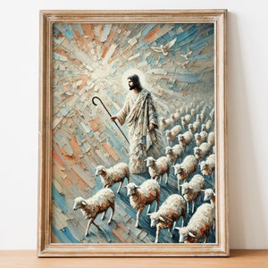 Jesus the Good Shepherd with His Flock, Jesus Art, Faith Decor, Inspirational art, Jesus portrait, Christian Art, Digital Download 50
