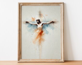 Minimalist Crucifixion Art: Watercolor Jesus on Cross (Digital Download)