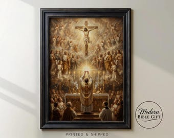 May include: A framed wall art print depicting a religious scene with a priest at an altar holding a glowing host, with Jesus on the cross above, surrounded by angels and figures in a warm, golden-toned, detailed illustration with a black frame.