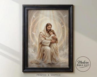 Jesus Embracing Little Girl Wall Art, Christian Comfort Painting, Jesus Loves Children Print, Catholic Faith Decor T166