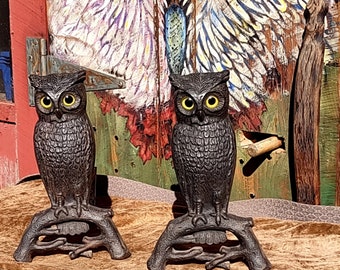 Antique late 1800's iron owl andirons with glass eyes made in the USA