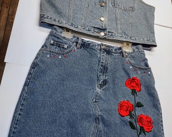 Retro 1980s denim Adriana sport Jean vest and Jean skirt with rose embroidered on denim