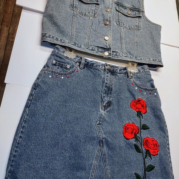 Retro 1980s denim Adriana sport Jean vest and Jean skirt with rose embroidered on denim