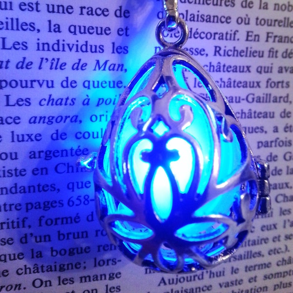 Necklace - Drop locket with blue glowing orb